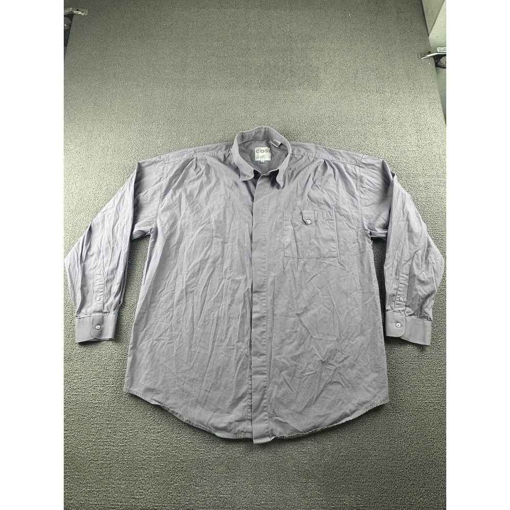 COSI Button-Down Shirt Men L Gray Regular Collar Solid Cotton Preppy Workwear